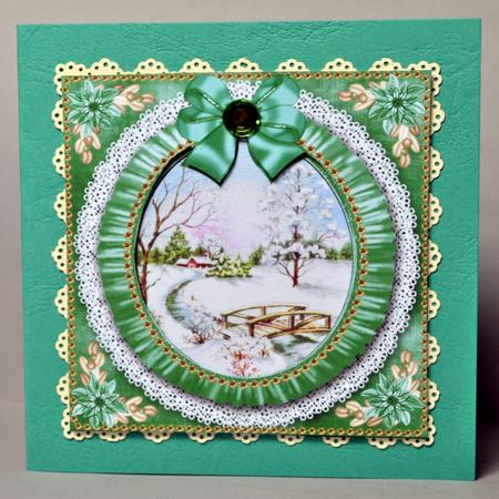 Pretty Snowscene Green Ruffle Shaker Frame with Base by Kristina Norbat
