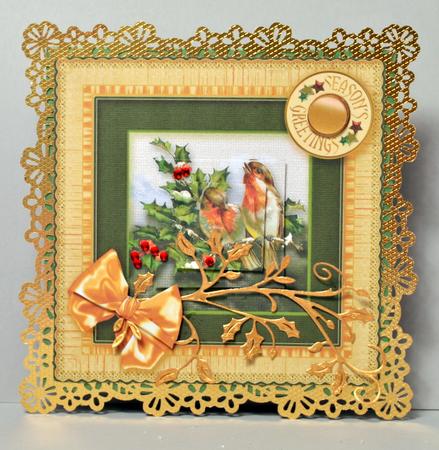 Christmas Robins in a Lace Frame Pyramage 8in x 8in by Kristina Norbat