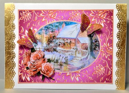 Winter Cottage with Roses and Butterflies Decoupage by Kristina Norbat