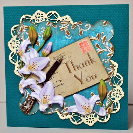 White Lily Postcard Teal Thank You Step by Step Decoupage by Kristina Norbat