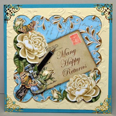 Cream Roses Teal Happy Returns 8in Scallop Decoupage Topper by Kristina Norbat