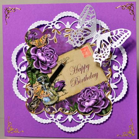 Purple Roses Happy Birthday 8in Decoupage Topper by Kristina Norbat