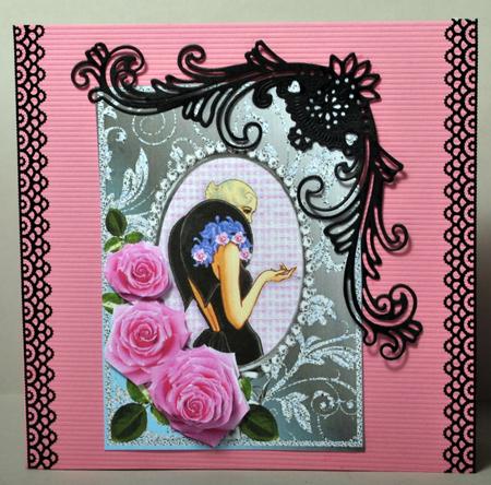 Decoupage Pink Roses and Vintage Lady in Black Gown - Aqua by Kristina Norbat