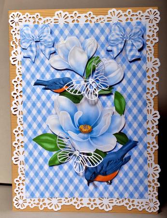 Blue Birds with Pretty Flowers in Blue Gingham by Kristina Norbat