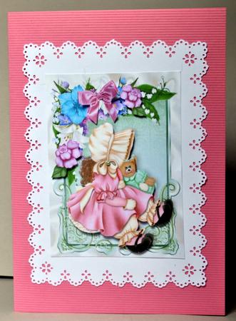 Little Bonnet Girl with Her Teddy in Frame of Flowers by Kristina Norbat