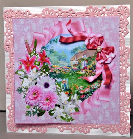 Thatched Cottage Scene with Pink Floral Spray Side Stacker by Kristina Norbat