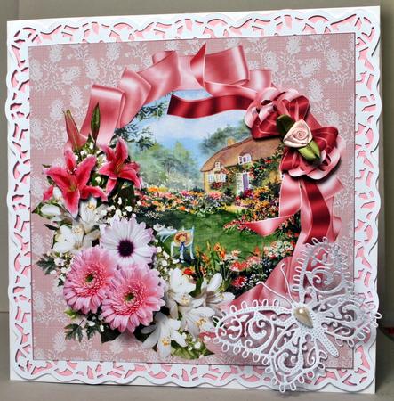 8x8 Thached Cottage Scene with Pink Floral Spray by Kristina Norbat