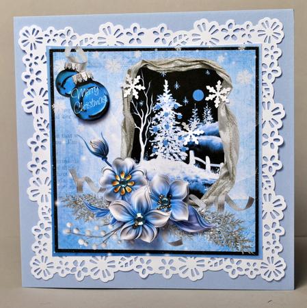 Winter Flowers and Snow Scene at Night on Blue 8x8inch by Kristina Norbat