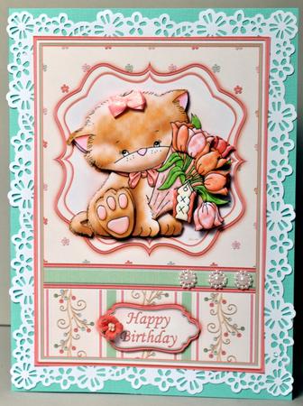 Kitty with Bouquet Card Front & Decoupage by Kristina Norbat