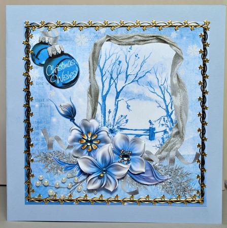 Winter Flowers & Snow Scene on Blue 8x8inch by Kristina Norbat