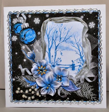Winter Flowers & Snow Scene on Black 8x8inch by Kristina Norbat