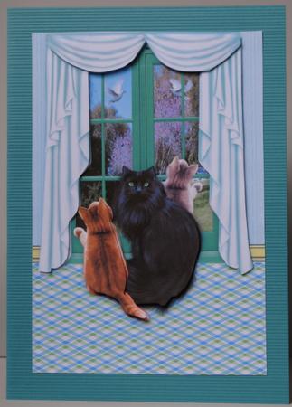 Mother Cat & Two Kittens Sitting at Window & Birds Decoupage by Kristina Norbat