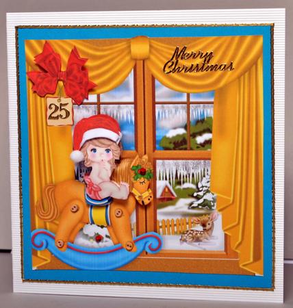 Baby Girl on Rocking Horse in the Window with Snowscene 8x8 by Kristina Norbat