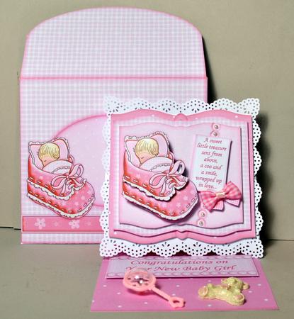 New Baby Girl in Bootee Open Book Easel Card Kit by Kristina Norbat