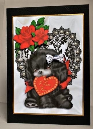 Black Puppy on Lace Heart with Red Roses by Kristina Norbat