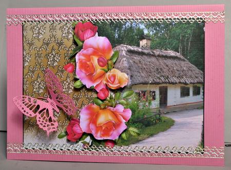 Rose Thatched Roof Cottage Card Front by Kristina Norbat