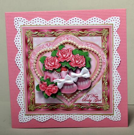 New Baby Girl Booties and Roses Card Front by Kristina Norbat