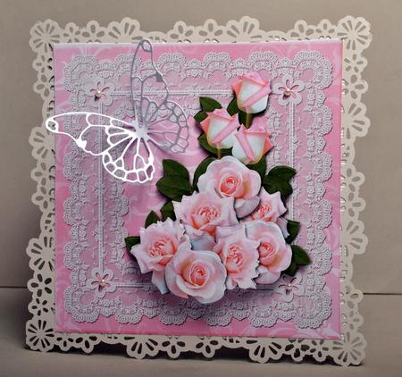 Pink Roses with Lace Frame Square Card Front by Kristina Norbat