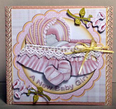 Baby Girl Cot and Booties Card Front by Kristina Norbat
