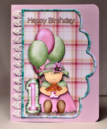 Age 1 Birthday Girl Scalloped Edge Curve Card by Kristina Norbat