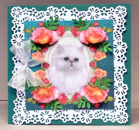 8 x 8 Baby Blue Eyes Kitty Cat & Roses Decoupage Card Topper by Kristina Norbat