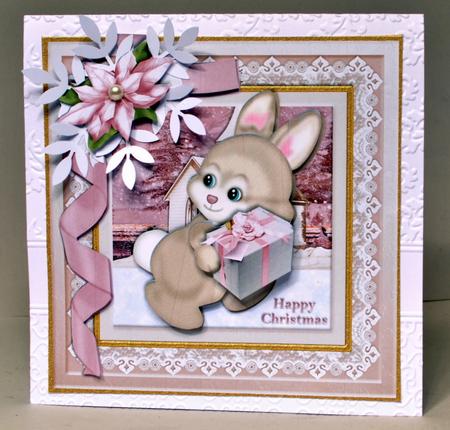 Bunny with Christmas Gift Lace Framed Card Front by Kristina Norbat
