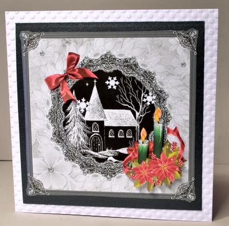 8x8 Black and White Church with Red Poinsettia by Kristina Norbat