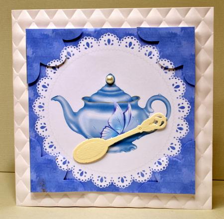 Blue Teapot and Butterfly Quadro Petal Corner Stacker by Kristina Norbat