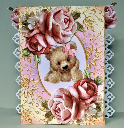 Cuddly Brown Teddy in Frame of Pink Roses by Kristina Norbat