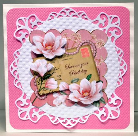 Pink Magnolia Love on Birthday 6in Decoupage Topper by Kristina Norbat