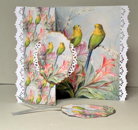 Green Budgerigars Fold Back Card by Kristina Norbat