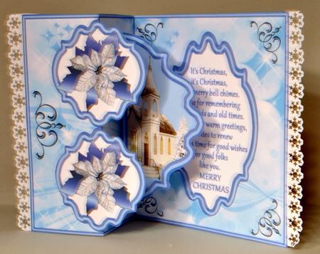 Fold Back Pop-up - White Church with Poinsettias (blue) by Kristina Norbat