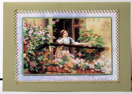 Lady on Her Flower Covered Balcony Card Front by Kristina Norbat