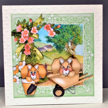 Cute Bunnies Gardening in the Meadow with Cottage 8x8 by Kristina Norbat