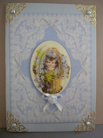 Kitty in a Floral Basket 'n Lace Pyramid Card Front by Kristina Norbat