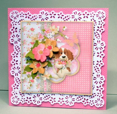 Doggie and Flowers with Lace Decoupage Card Front by Kristina Norbat