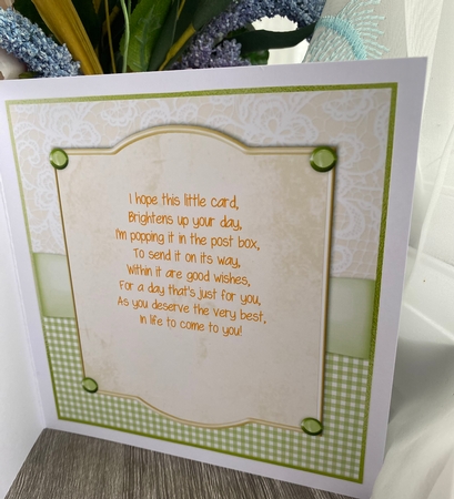 #1 Yellow tulips and anemones in wooden box 7x7 card topper by Kym Barry