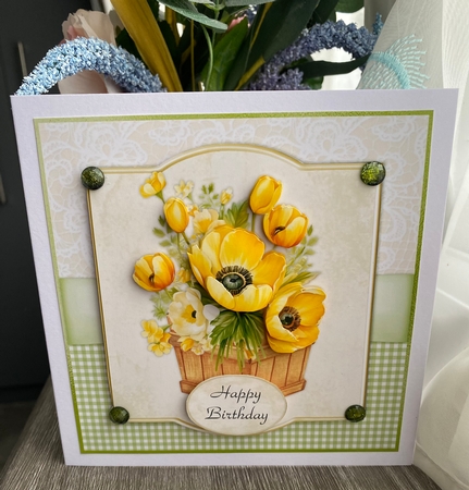 Insert for Yellow tulips and anemones in wooden box 7x7 card topper by Kym Barry