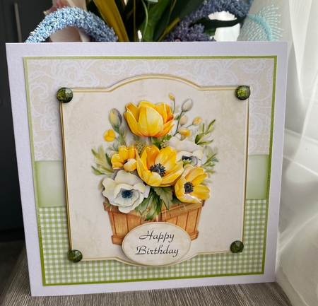 Insert for Yellow tulips and anemones in wooden box 7x7 card topper by Kym Barry