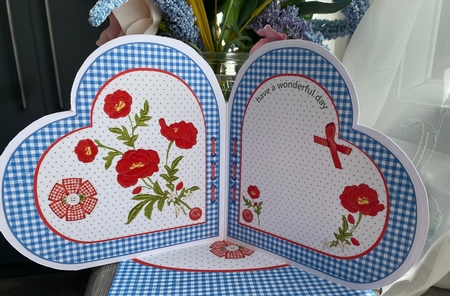 Embroidered Poppies Heart Shape Card by Kym Barry
