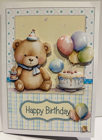 Little Bear Birthday Party A5 Card Front and Decoupage by Kym Barry