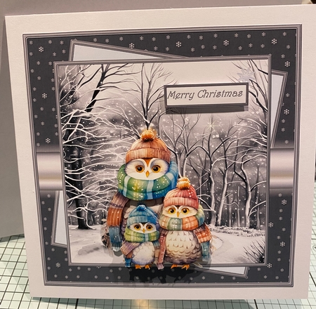 Owl family 7x7 card with decoupage and sentiment tiles, insert and gift tags by Kym Barry