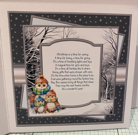 Owl family 7x7 card with decoupage and sentiment tiles, insert and gift tags by Kym Barry