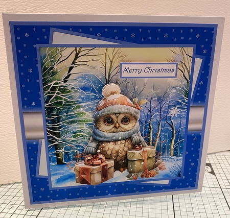 Winter owl 7x7, decoupage, sentiment tiles, insert and gift cards by Kym Barry