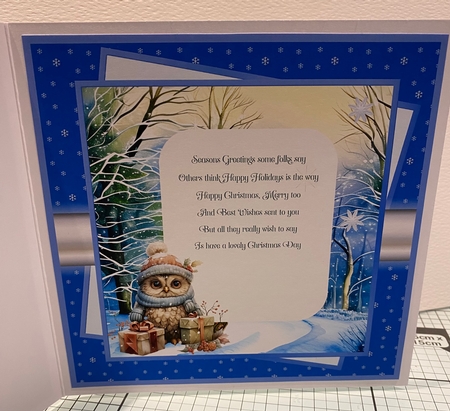 Winter owl 7x7, decoupage, sentiment tiles, insert and gift cards by Kym Barry