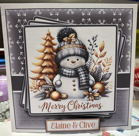 8x8 Black & Gold Snowmen 17 Card Front, Gift Tag and Sentiments  by Kym Barry