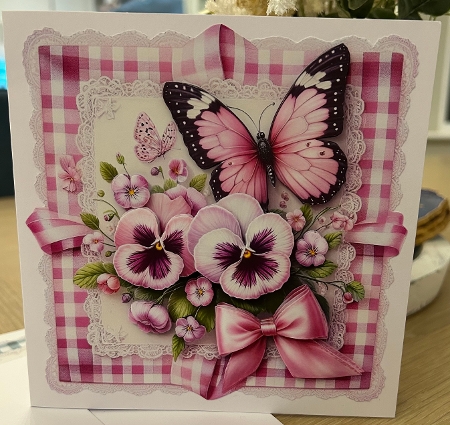 floral pansy and butterfly on lace 2 by Kym Barry