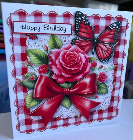 floral  butterfly on lace red roses 2 by Kym Barry
