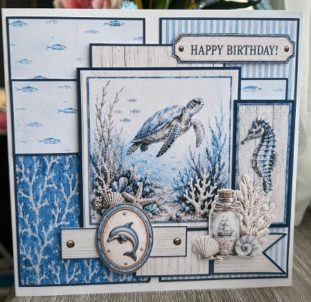 Sea Turtle & Ocean Treasures Nautical Blue Birthday Card Front by Kym Barry