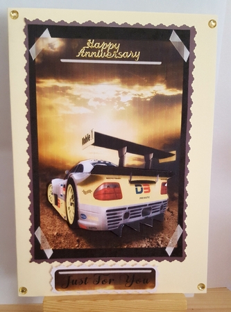 Racing car male decoupage card by Kym Pendered